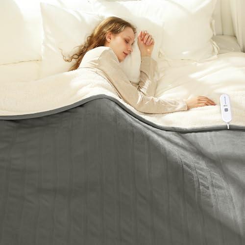 VELLUBAM Electric Heated Blanket Twin 62" x 84" - Soft Cozy Flannel Sherpa Electric Blanket with 5 Heating Levels & 10 Hours Auto Off, Heating Blanket as a Gift for Grandma, ETL Certified (Grey)