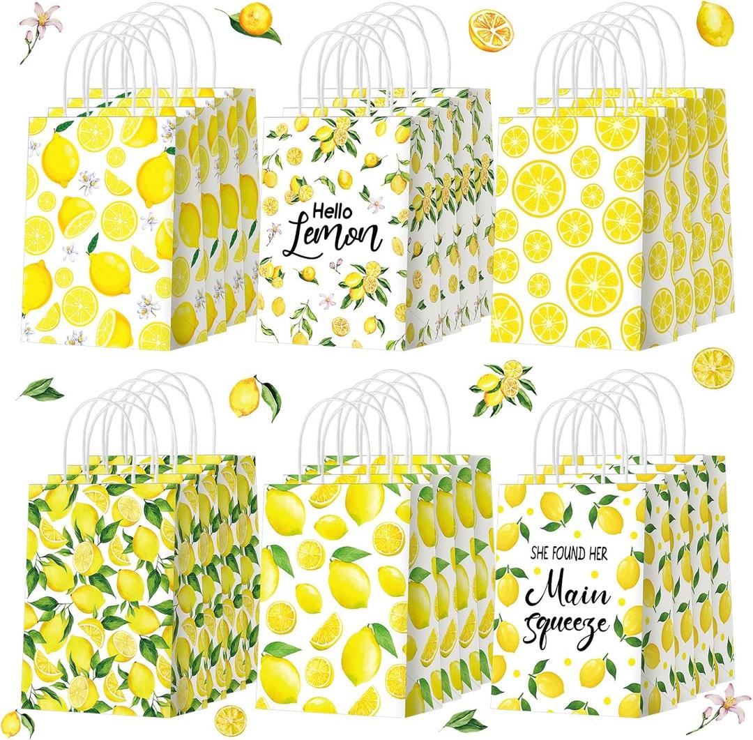 Yeaqee 24 Pcs Lemon Gift Bags with Handle Yellow Gift Bags Summer Fruit Candy Treat Goodie Pouches Wrapping Fresh Lemon Paper Pouches for Summer Wedding Birthday Party Supplies
