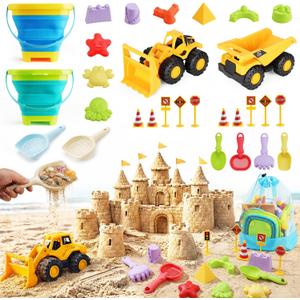 30PCS Beach Toys for Kids Ages 3-10, All-in-One Sand Toys Set with 2 Collapsible Buckets, Shovels, Trucks & Molds, Keep Kids Busy for Hours - Easy to Carry for Beach Travel Sandbox Play