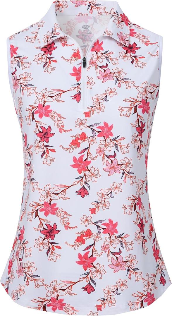 MoFiz Women's Sleeveless Golf Polo Shirts 1/4 Zip Floral Tennis Workout Golf Tank Top (L)