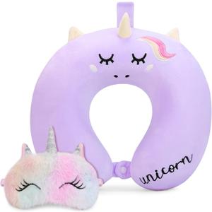 Kids Neck Pillow for Traveling, Unicorn Kids Travel Pillow with Eye Mask, Toddler Travel Essentials for Road Trip Airplane Flight Car Seat, Cute Cartoon Headrest Memory Foam Pillows Gift for Girl Boy (Purple)