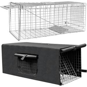 Live Feral Cat Trap Cage with Cover, Heavy Duty Folding Animal Traps Cage for Stray Cats, Humane Cat Trap for Raccoon, Squirrel, Skunk, Catch and Release - (32 x 10 x 12 inches)