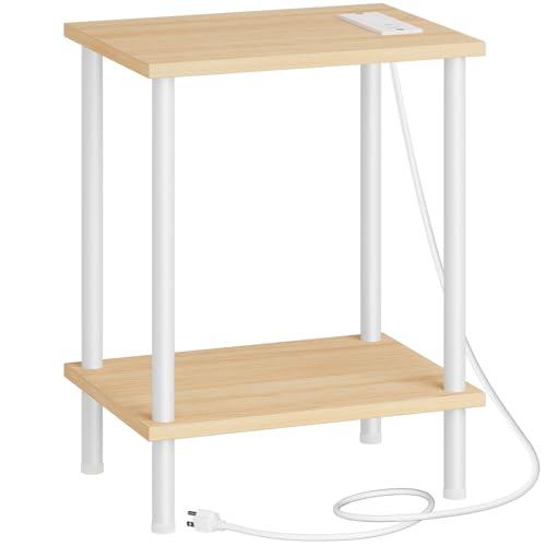 HOOBRO Side Table with Charging Station, End Table with USB Port and Outlet, Nightstand with 2-Layer Storage Shelves for Small Spaces, Living Room, Bedroom, Stable Frame, Natural and White WN09UBZ01