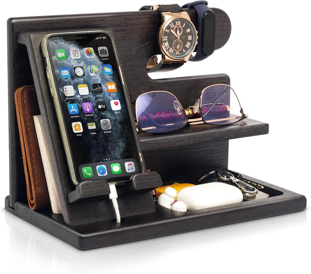 TESLYAR Wood Phone Docking Station for Men - Desktop or Nightstand Organizer - Birthday Gifts for Men, Dad - Anniversary Idea from Wife - Key Holder, Stand Wallet, Watch & Essentials (Black)