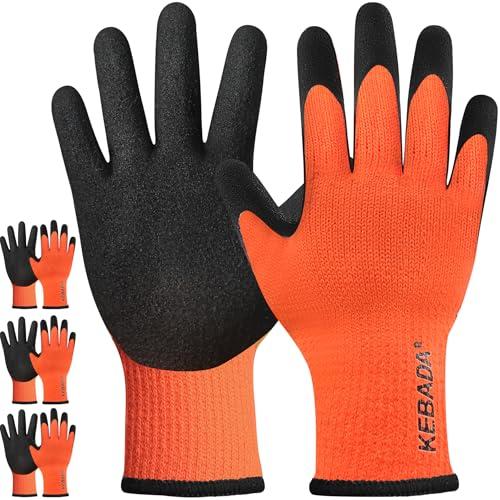 Kebada T3 Winter Work Gloves for Men and Women, Warm Knit Cold Weather Work Gloves, Thermal Insulated Freezer Gloves, 100% Latex Coating Non-slip Grip, Long Wrist Design, 1 Pairs, Orange, Size Medium