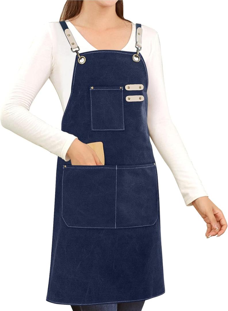 Cotton Canvas Cross Back Apron for Art Painting Garden Chef Bartender Work,Women Men 3 Pockets Waterproof Adjustable M-XXL (Blue)