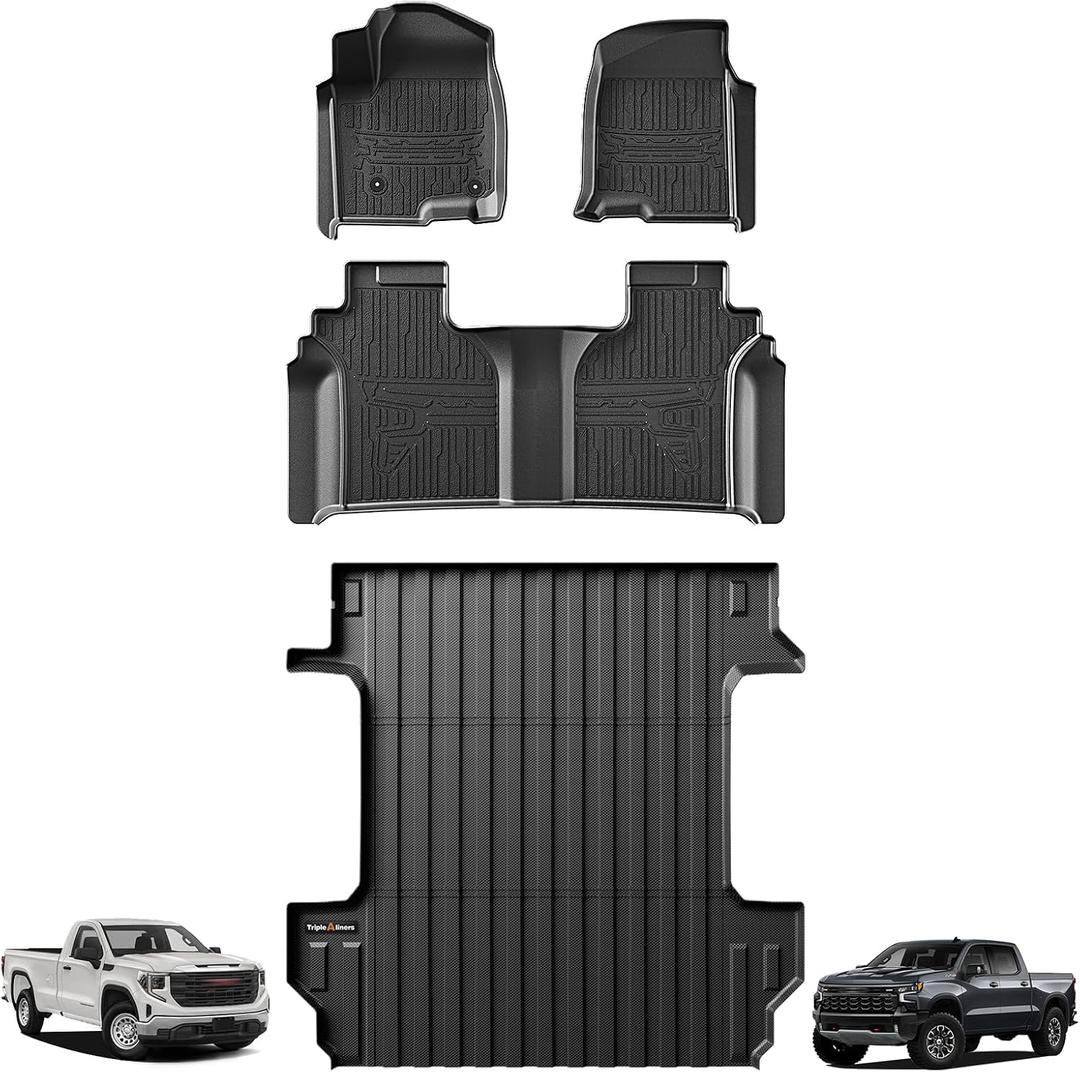 TripleAliners Truck Mat Compatible with 2019-2026 Chevy Silverado/GMC Sierra 1500 5.8FT Crew Cab Accessories, Truck Bed Mat Heavy Duty Custom Fit All Weather Protection TPE Pickup Liner, w/Floor Mats