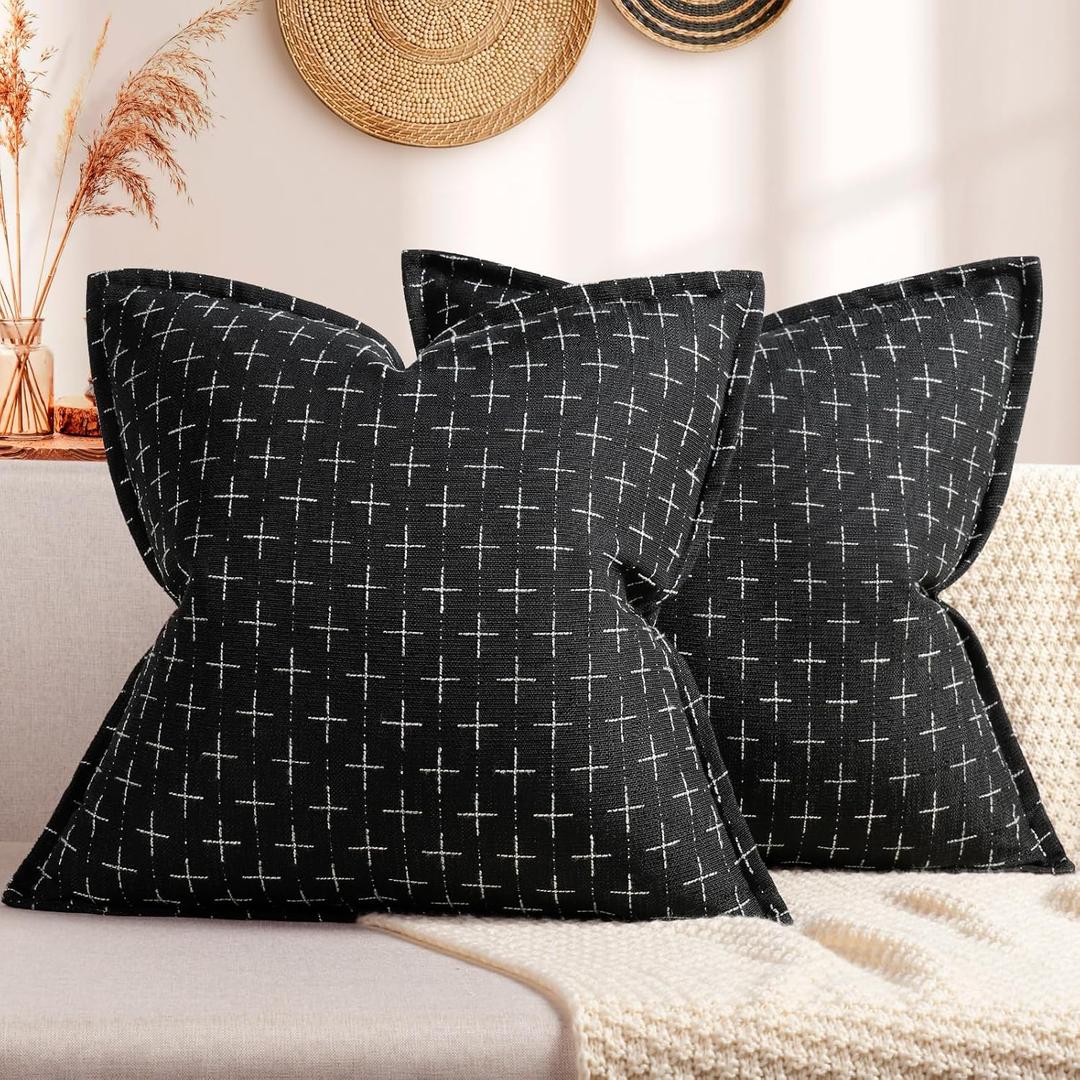 ZWJD Pillow Covers 18x18 Set of 2 Soft Polyester Textured Pillow Covers with Stylish Flange Edge Cozy Farmhouse Throw Pillows for Couch Bed Sofa Living Room (Black)