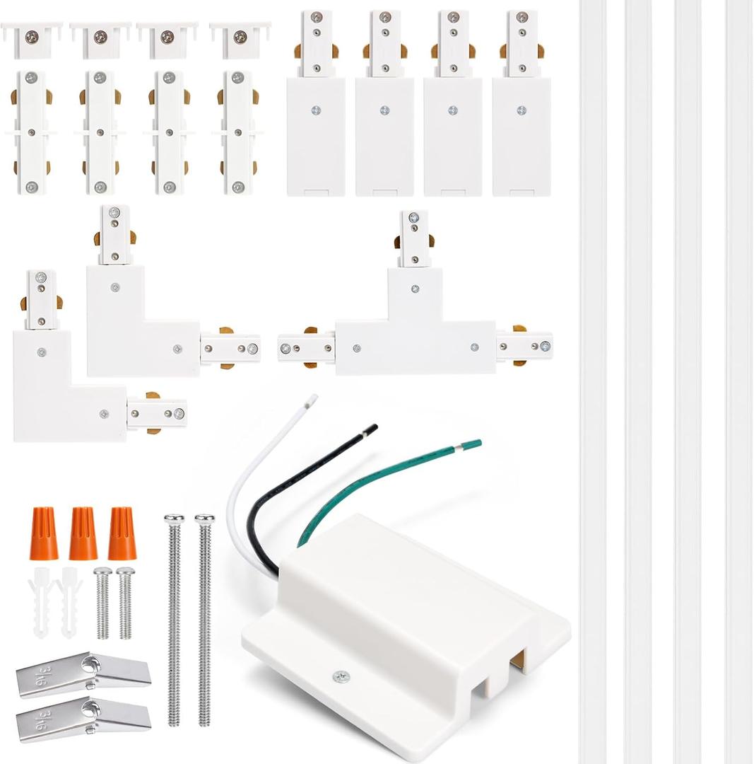 H Track Lighting Rails Kit - iCreating 13ft White Track Light Tracks 3 Wire with Floating Canopy Connector, I and L Connectors for Single Circuit H Type LED Tracks Lighting Heads Fixtures