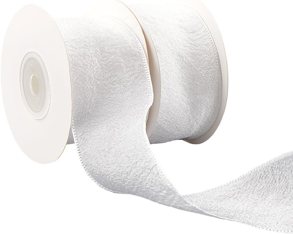 2 Rolls 20 Yards 1 5/8 Inch White Ruffle Trim Ribbon Soild Double Ruffled Edge Chiffon Silk Grosgrain Fabric Trimming Bulk with Spool for Sewing Making Crafts Gift Wrapping Wedding Bouquets