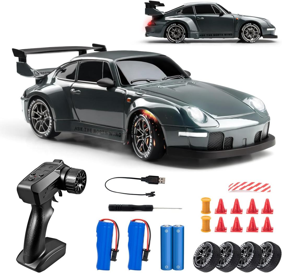 RC Drift Car, 1:24 Scale Remote Control Vehicle with LED Lights, 2.4GHz 20KM/H 4WD High Speed RC Cars, Drifting Tires Two Batteries, Racing Sports Toy Idea Gift for Adults Boys Girls and Kids (Gray)