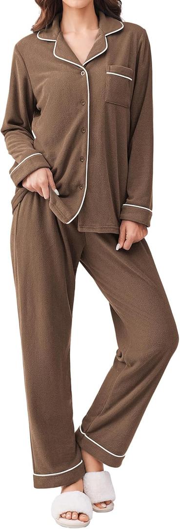 Ekouaer Women's Fleece Pajama Sets Long Sleeve Button Down Two-piece Sleepwear Soft Lounge Set (Small, Brown)