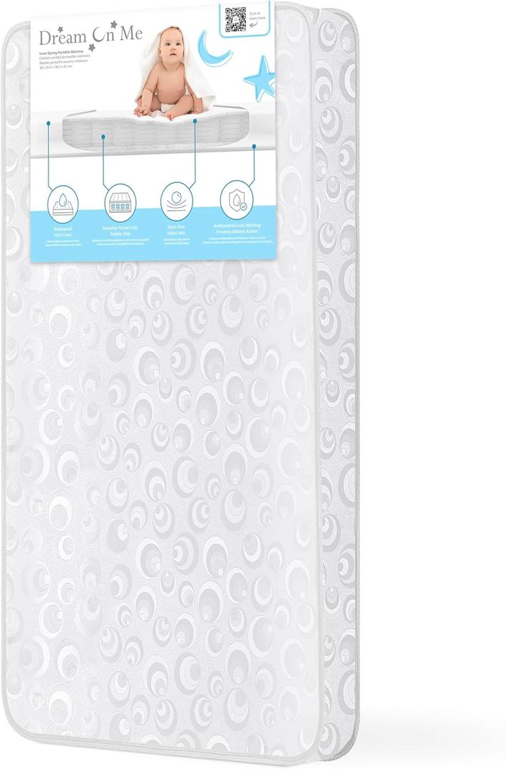 Dream On Me 3” Spring Coil Mini/Portable Crib Mattress, Greenguard Gold Certified, Firm Support, Waterproof Vinyl Cover, Fits Mini & Portable Cribs, Durable 3” Pocket Coil Design
