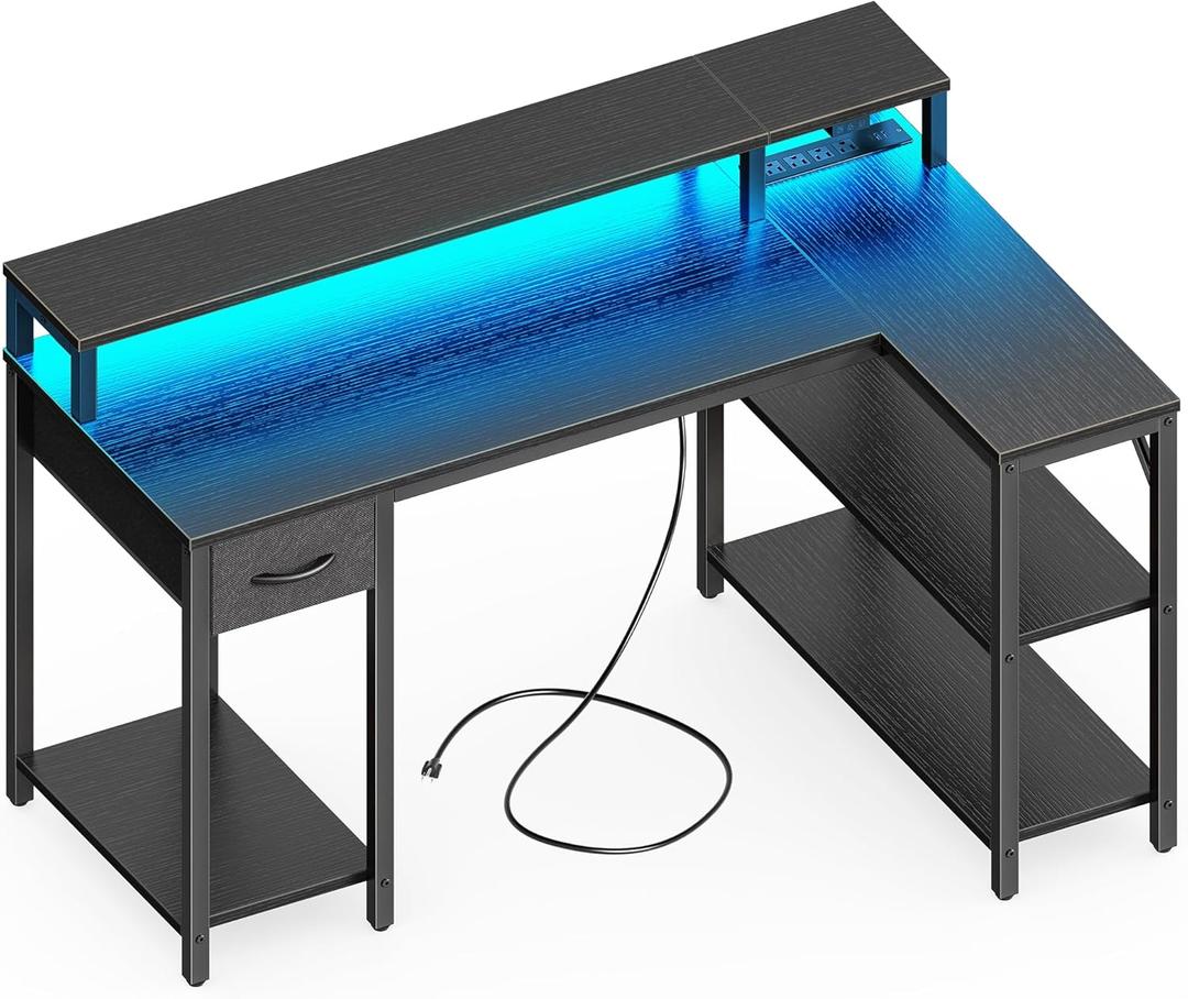 SUPERJARE 47 inch L Shaped Gaming Desk with LED Lights & Power Outlets, Reversible Computer Desk with Shelves & Monitor Stand, Corner Desk with Drawer, for Home & Office, Black