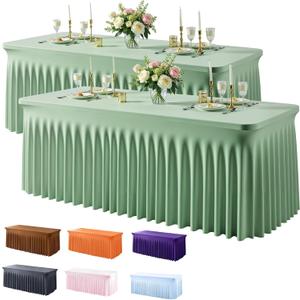 2 Pack Sage Green Spandex Fitted Tablecloth 6 Foot - Stretch Table Clothes for 6 FT Rectangle Table, Washable Ruffles Elastic for Weddings, Buffet, Banquet, Trade Craft Show, Party Celebration