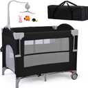 JOYMOR 4 in 1 Pack and Play, Baby Bedside Bassinet, Sturdy Play Yard with Padded Mat and Toy bar with Soft Toys (Black)