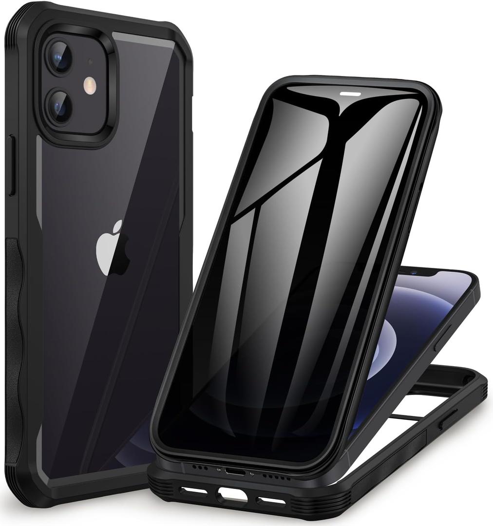 CENHUFO Privacy for iPhone 12 Case/iPhone 12 Pro Case, Full Body Phone Case with Built-in 9H Tempered Glass Privacy Screen Protector and Camera Lens Protector, Shockproof Bumper Clear Cover -Black