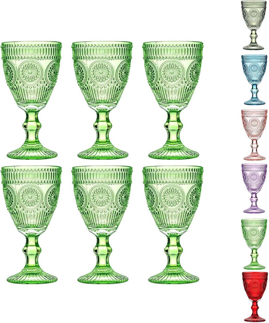 Black Vintage Wine Glasses Set of 6, 10 Ounces Colored Glass Water Goblets, Unique Floral Embossed Pattern High Clear Stemmed Glassware Wedding Party Bar Drinking Cups Fancy Glasses Hand Wash Only (Pink)