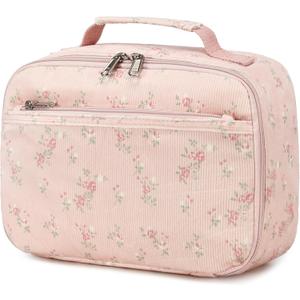 Bluboon Kids Girls Lunch Bag Insulated Lunch Box for school Corduroy Lunch Cooler Organizer School Kids Lunch Tote (Red flower pink background)