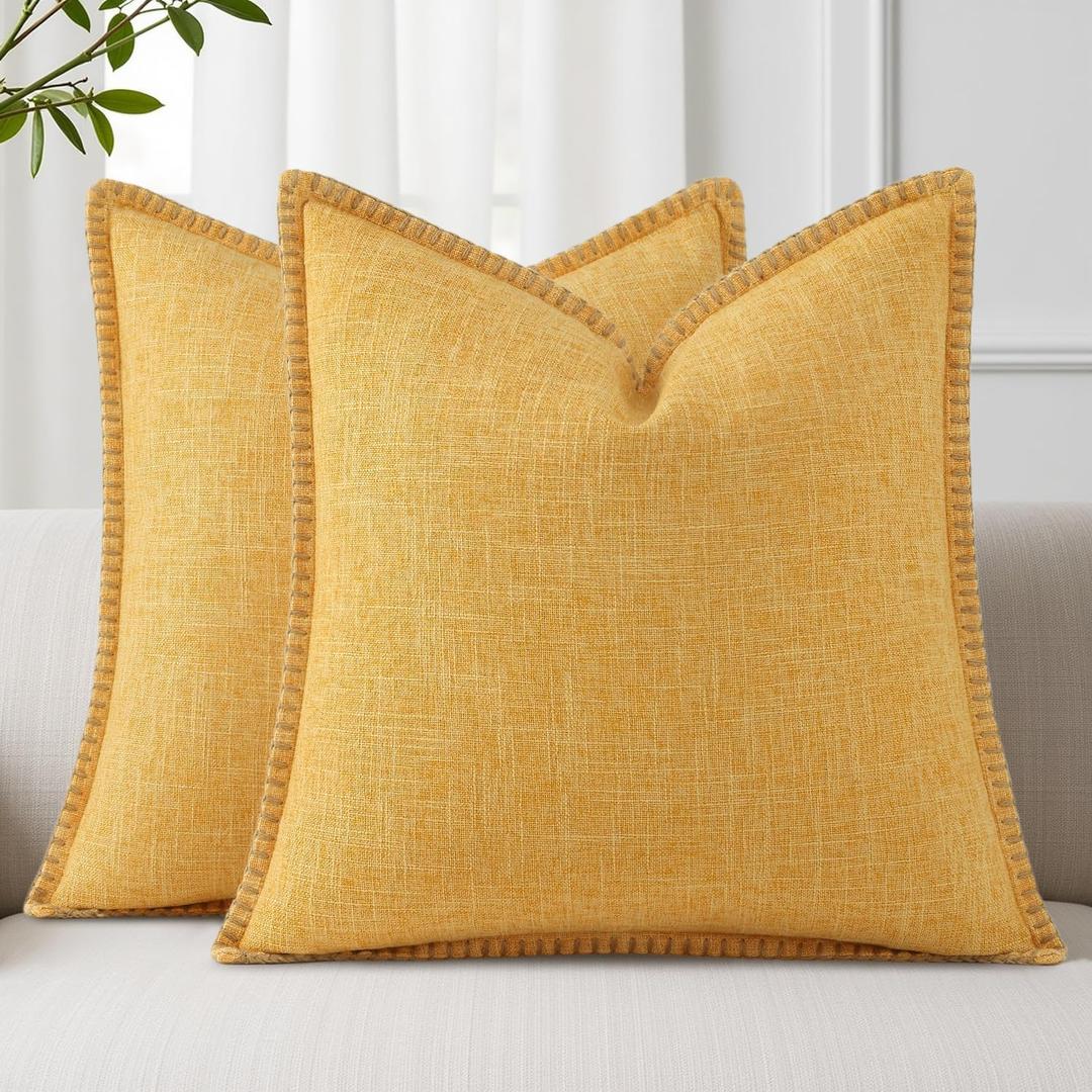 decorUhome Spring Decorative Throw Pillow Covers 26x26 Set of 2 Square Linen Outdoor Neutral Farmhouse Euro Sham Pillow Covers with Stitched Edge for Couch Sofa Living Room, Mustard Yellow