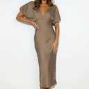 Satin V Neck Puffy Sleeves Silk Midi Dresses Empire Waist Elegant Tie Back Formal Cocktail Dress for Women Wedding Guest (Beige, L)
