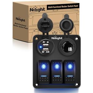 Nilight - 90115C 3 Gang Rocker Switch Panel Waterproof Pre-Wired Aluminum Switch Panel with Dual USB Charger Socket & Cigarette Lighter Socket 12V 24VDC ON Off Switch Panel for Cars Rvs Trucks Global Recycled Standard