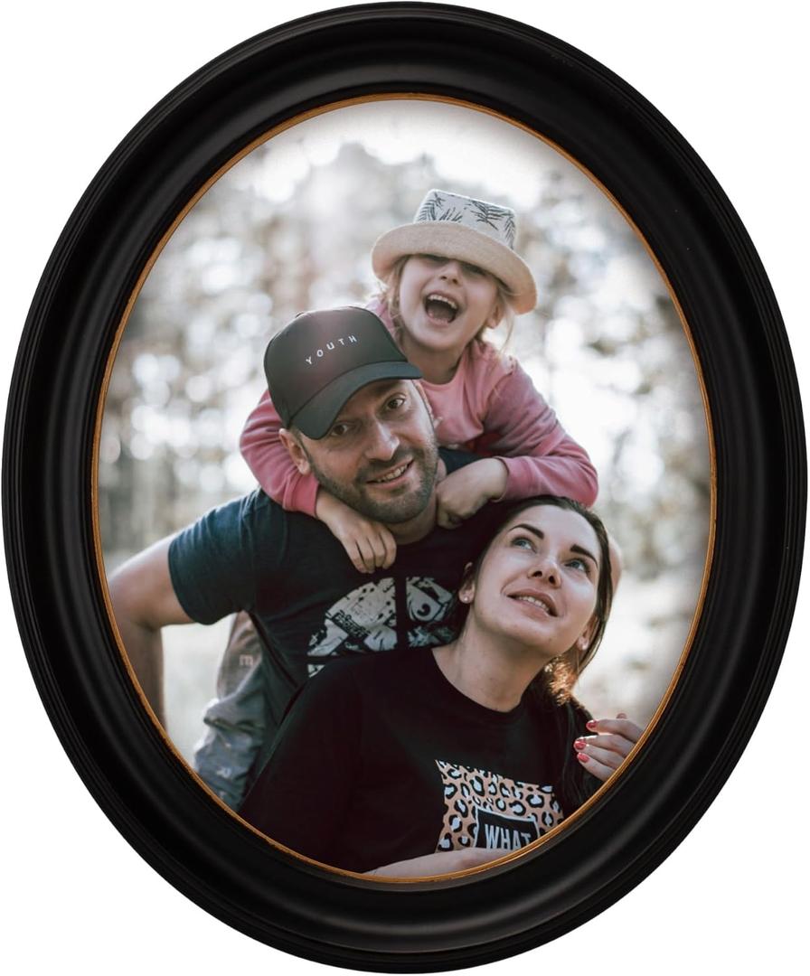 Decorative Oval Picture Frame, Black with Gold Trim, 8x10 inches, Glass Front