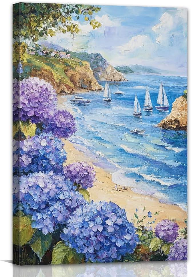 Coastal Canvas Wall Art Hydrangea Pictures Wall Decor Beach Landscape Paintings Seascape Poster Prints for Living Room Bedroom Bathroom Decor Framed(Ocean-1,16.00" x 24.00")