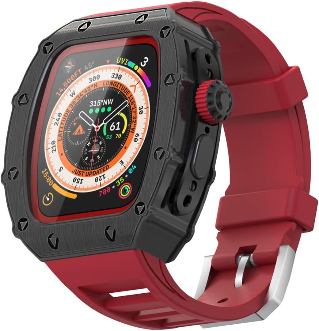 For Apple Watch Ultra Band 49mm Case, Luxury Rugged Metal Cover Screen Protector Fluoroelastomer Strap for iWatch Ultra Series 49mm Replacement Strap Heavy Duty Bumper Case for Men (49mm, Red)