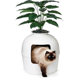 Secret Litter Box by Bundle & Bliss - Hidden Litter Box Enclosure, Patented Design with Odor Control, Includes Faux Plant, Carbon Filter and Real Stones Vivid White