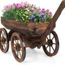 Wood Wagon Planter for Outdoor Balcony Decor - Garden Rustic Wooden Flower Cart with Wheels for Outside Garden Decor Wheelbarrow Planter for Patio
