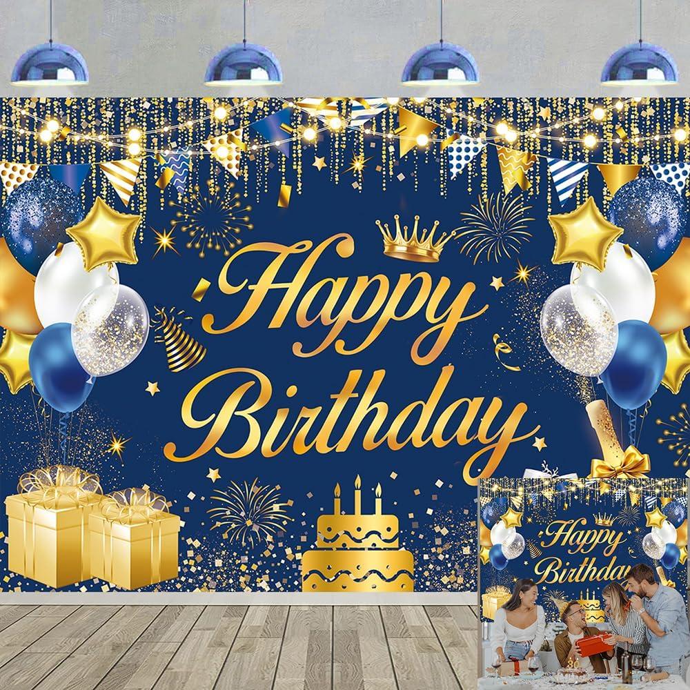 Blue Gold Happy Birthday Backdrop Glitter Balloons Birthday Banner Background Men Women Kids Birthday Party Decorations Supplies Photo Props (Blue Gold, 6x4FT)