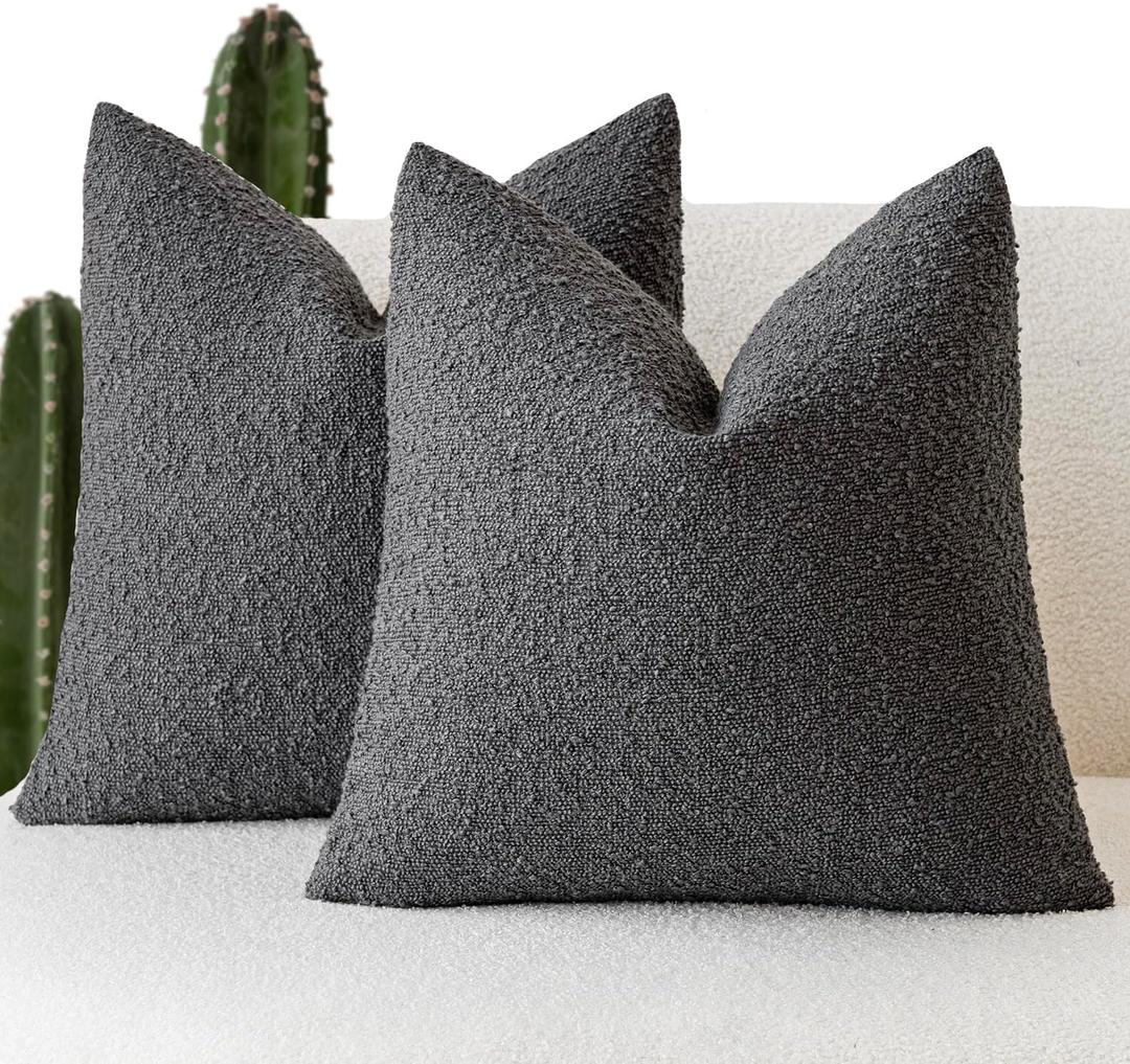 Foindtower Set of 2, Decorative Textured Boucle Throw Pillow Covers Accent Solid Pillow Cases Neutral Soft Cozy Couch Cushion Case for Chair Sofa Bedroom Living Room Home Decor 24 x 24 Inch Dark Grey (Charcoal)