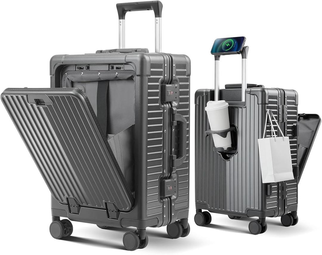 Carry on Luggage Aluminum Frame with Cup Holder, Top opening Suitcases and USB Charging Port, Lightweight with Front Pocket Rolling Suitcases with Spinner Wheels (Gray, 20Inch(N))