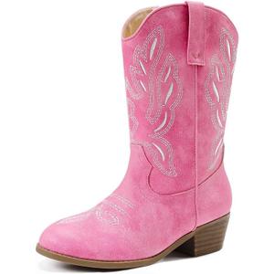 Cowgirl Boots for Little Girls Mid Calf Pointed Toe Kid Cowboy Boots Side Zipper Classic Embroidered Western Boots Horse Riding Shoes Party for Toddler Little Big Kids (Pink), 3 Big Kid