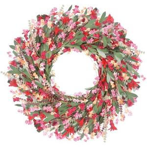 Lokeisna Spring Paper Wreath: 24” Red and Orange Wreaths with Paper and Fabric Flower,EVA Leaves,Flower Spike,All Seasons Wreath for Front Door,Living Room,Wedding Red