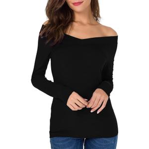 Sarin Mathews Womens Shirts Off The Shoulder Tops Sexy V Neck Slim Fit Shirts Tops Blouses (Black)