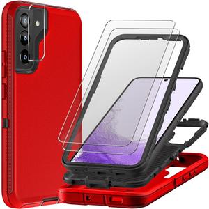 TFDSEUGH for Samsung Galaxy S22 Case with 2Pcs Tempered Glass Screen Protector and 1Pcs Camera Lens Protector, 3 in 1 Heavy Duty Shockproof/Drop Proof/Dust Proof Case (Red/Black)