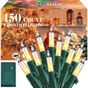 Meonum Chasing Christmas Lights, 8 Function Controller Clear Mini Bulbs Green Wire Indoor String Lights, 71 Feet Long Holiday Decor, for Christmas Tree(Warm White,150 Bulbs)