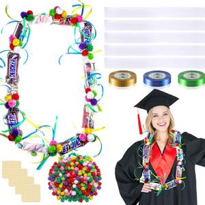 Hanaive Graduation Candy Lei Tubing Necklace Making Kit Include 50 Pcs 2 Inch Poly Tubing Lei Bags 197 ft 6 Rolls Gift Wrapping Ribbon 1 Pack Plush Poms 400 Glue Points for Graduation Party Supplies