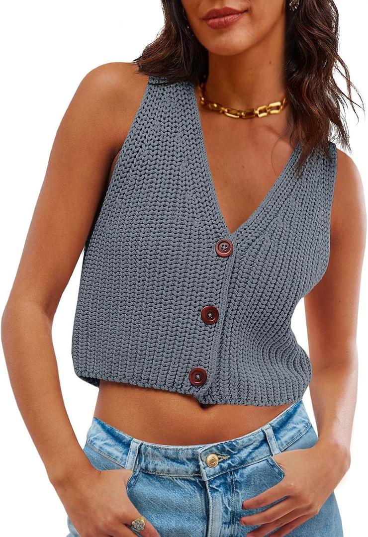 Saodimallsu Womens Cropped Sweater Vest V Neck Button Down Y2k Crop Knit Summer Trendy Sleeveless Chunky Tank Tops (L)