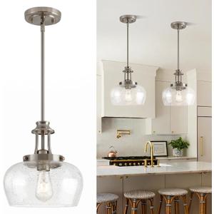 Modern Pendant Lights Kitchen Island, Brushed Nickel Pendant Light Fixtures with 10" Clear Air Bubble Glass Shade, Industrial Hanging Pendant Lights Fixture for Kitchen Island Dining Room Entryway