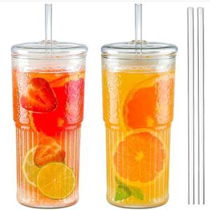 Glass Cups with Lids and Glass Straws, High Borosilicate 20OZ Tumblers (2Pcs) for Coffee, Tea, Juice, Smoothies, Hot/Cold Drinks at Home, Office (Clear 20oz)