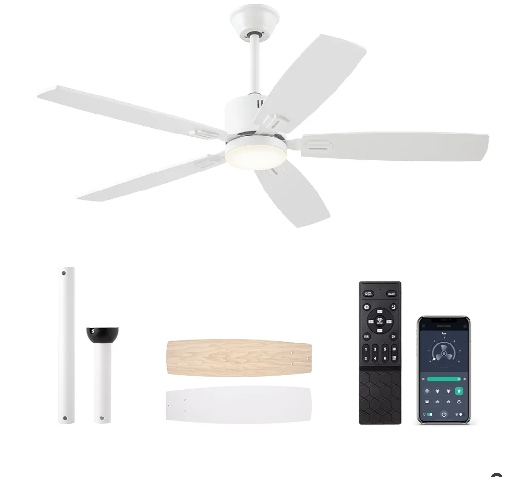 SUNMORY 52" Ceiling Fans with Lights, Smart Ceiling Fan with APP and Remote Control, Reversible DC Motor, Noiseless, Stepless Dimmable, Modern Ceiling Fan for Indoor/Outdoor Use, White