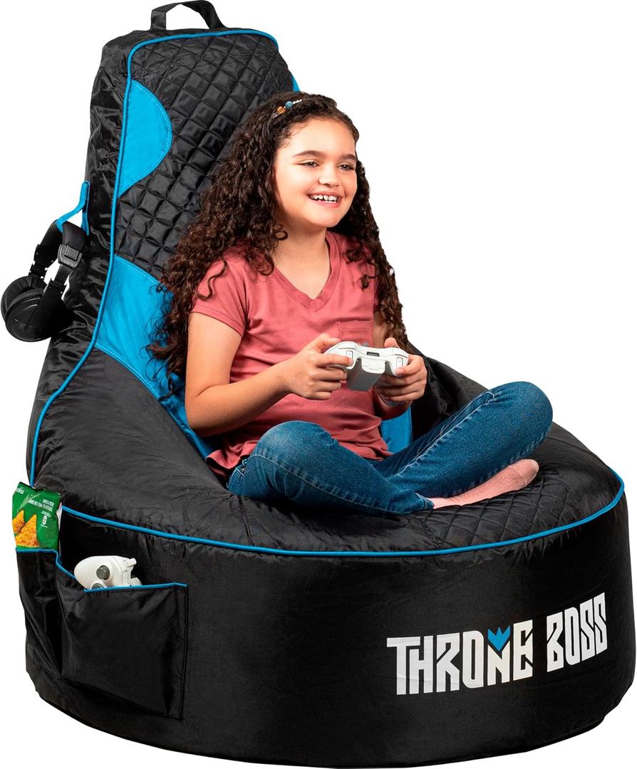 Throne Boss Gaming Bean Bag Chair for Kids with High Back  Floor Gaming Chair, Easy to Clean Oxford 420D Fabric, Large Side Pockets, Headphone Hanger  Cover ONLY Add 200 Liters Beans (Blue) (Child) Throne Boss Gaming Bean Bag Chair for Kids with High Back  Floor Gaming Chair, Easy to Clean Oxford 420D Fabric, Large Side Pockets, Headphone Hanger  Cover ONLY Add 200 Liters Beans (Blue) (Child)