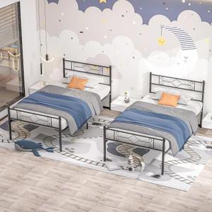 VECELO Twin Size Bed Frame,14" Metal Platform Bed Frame Foundation with Iron Art Headboard/Footboard/No Box Spring Needed/Heavy Duty Metal Slats Support/Under Bed Storage,Black(2 Set)