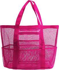 Mesh Beach Bag-Large Tote Bag for Family,Tote Bag with Zipper Pocket for Pool,Toys & Vacation Essentials, Rose Red