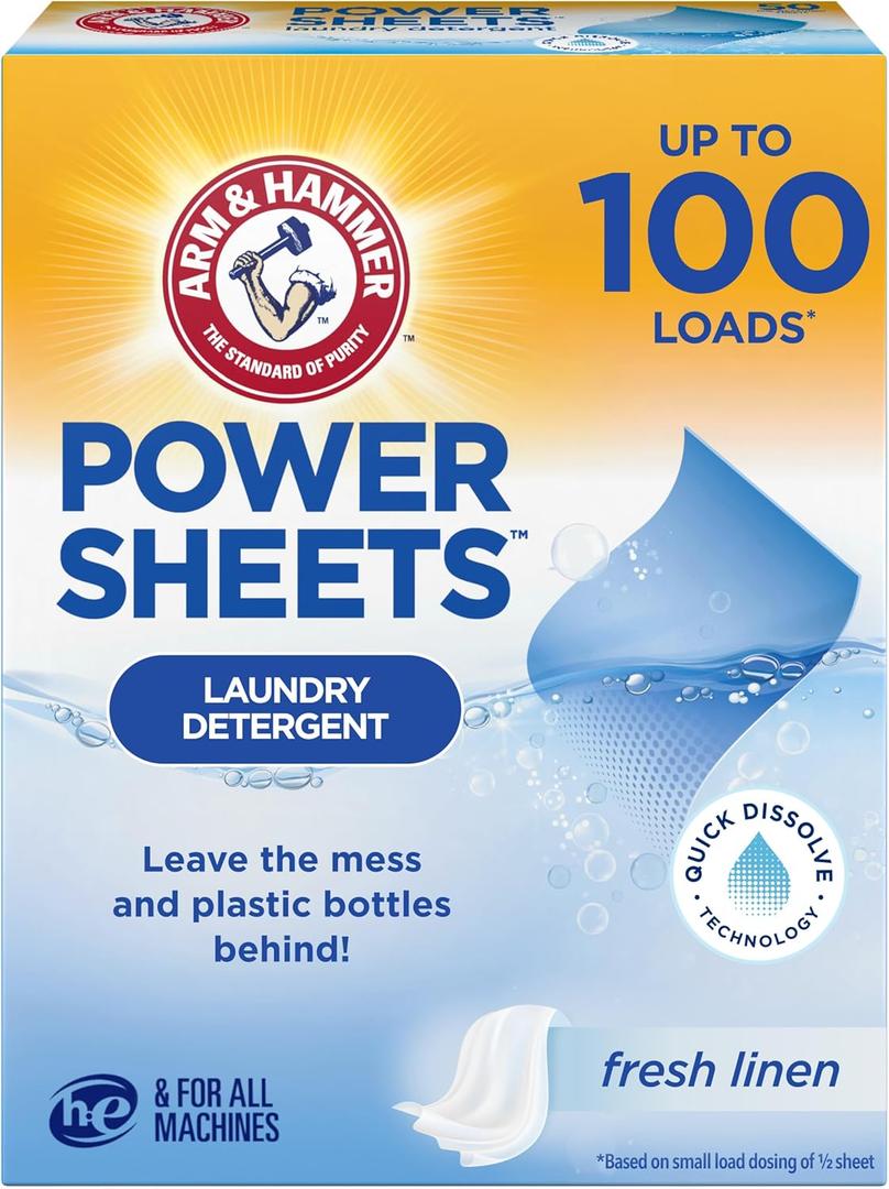 Arm & Hammer Power Sheets Laundry Detergent, Fresh Linen 50ct, up to 100 Small Loads