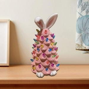 2026 Newly Lighted Easter Bunny Resin Tabletop Tree 6 Inches Pre-Lit Rabbit Figurines with Colorful Lamp Beads and Bunny Ear Top Spring Easter Holiday Decor Gifts (Pink)