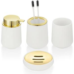White and Gold Bathroom Accessories 4 Piece Set Luxury Matte Plastic Soap Dispenser Toothbrush Holder Cup Soap Dish for Modern Bathroom Deco